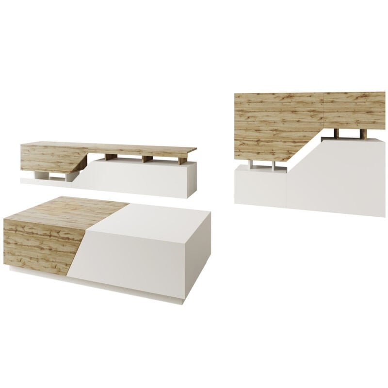 Mobilier1 - Ensemble de salon Comfivo Daldune 105, Blanc + Chêne wotan