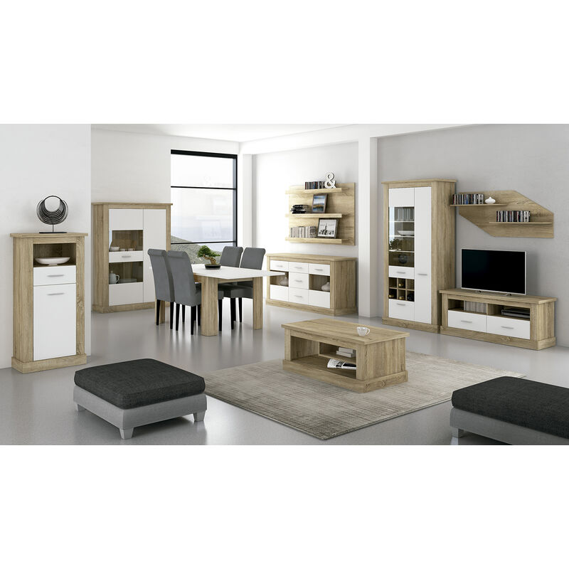 Pegane - Ensemble de salon complet, meuble tv, étagère murale, Buffet, table à manger, vitrine, table basse coloris chêne cambrian, blanc