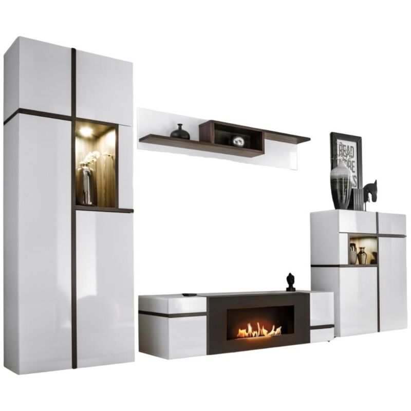 Ensemble de salon CRISS avec cheminée bio-éthanol – Blanc brillant – Meuble TV, vitrine, vitrine basse et étagère
