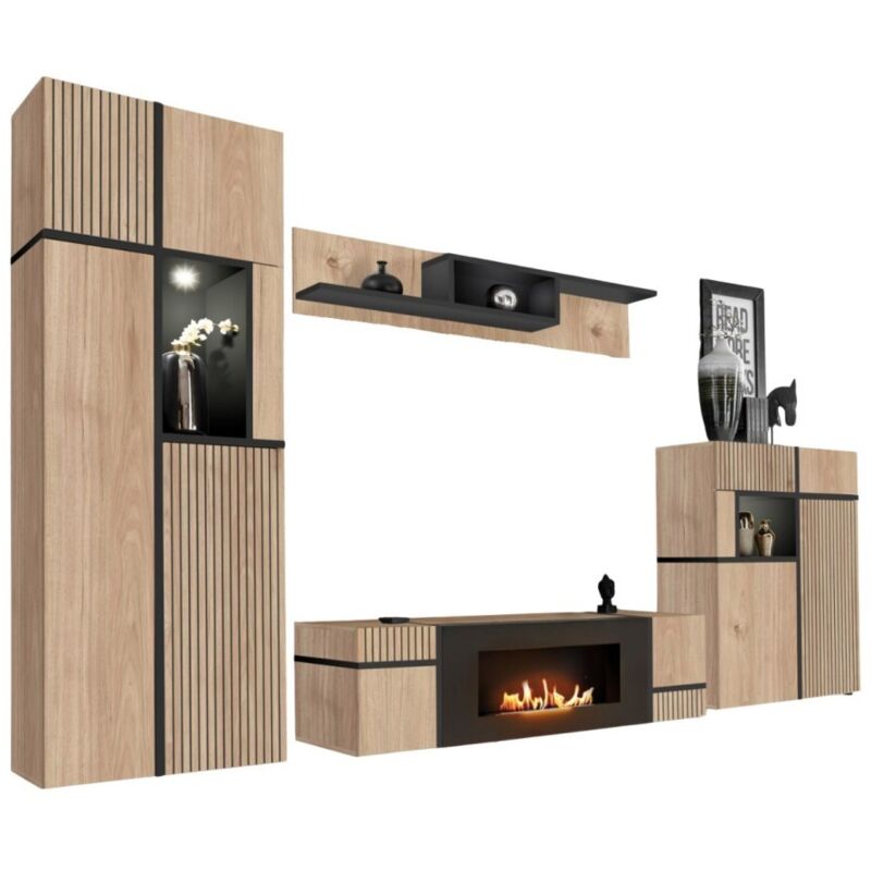 Meublorama – Ensemble de meubles de salon avec cheminée bio-éthanol – Chêne clair et noir – Dimensions L330 × H195 × P50 cm – Meuble TV et vitrines