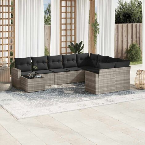 Ensemble de Salon de Jardin 10 Pièces Gris Clair  Résine Tressée  Table Verre Trempé  Coussins Dossiers Amovibles et Lavables  Canapé d'Angle et Central avec Accoudoirs