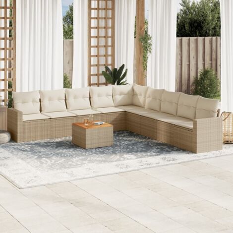 Ensemble de salon de jardin 10 places en résine tressée beige avec coussins, table et rangement