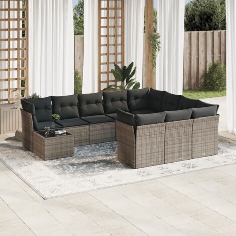 Ensemble de salon de jardin 11 pièces avec table en verre trempé, résine tressée grise, coffre de rangement intégré, design modulaire