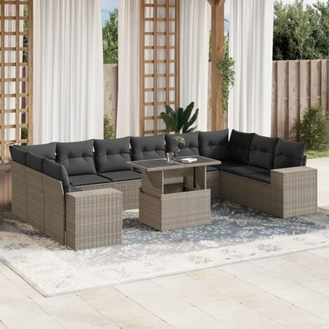 Ensemble de salon de jardin 11 pièces en résine tressée gris clair avec coussins amovibles et table à hauteur réglable