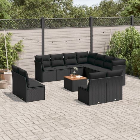 Ensemble de salon de jardin 12 pièces noir résine tressée avec coussins, rangement et table acacia modulable