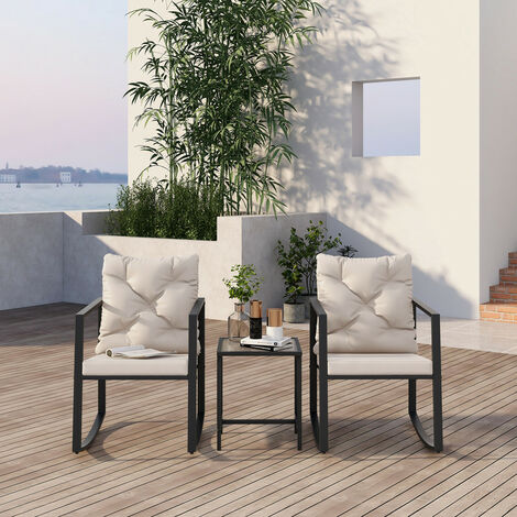 Ensemble de salon de jardin, 3 pièces avec 1 table basse et 2 chaises à bascule, noir avec coussin d'assise (coussin beige)