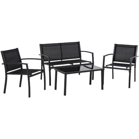 Ensemble de salon de jardin 4 pièces comprenant 1 table basse, 2 chaises de jardin et 1 banc en métal, noir