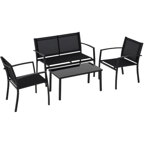 Ensemble de salon de jardin 4 pièces comprenant 1 table basse, 2 chaises de jardin et 1 banc en métal, noir