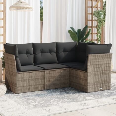 Ensemble de salon de jardin 4 places en résine tressée gris avec coussins  Modèle lounge + pieds ajustables
