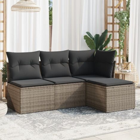 Ensemble de salon de jardin 4 places en résine tressée grise avec coussins - Modulable, housses lavables, résistant aux UV, capacité 110kg/place