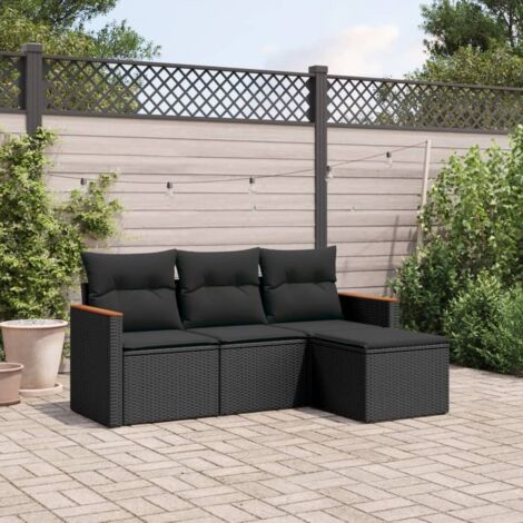 Ensemble de salon de jardin 4 places en résine tressée noire avec coussins, bancs modulaires et rangement intégré - Mano
