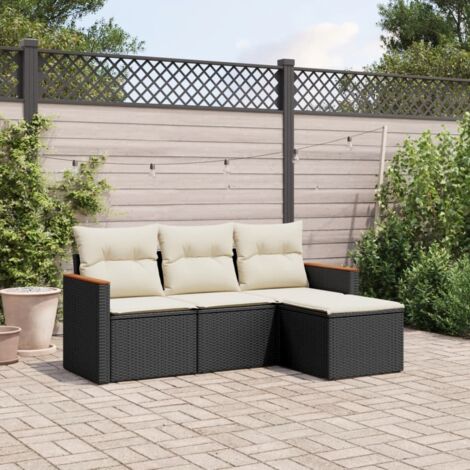 Ensemble de Salon de Jardin 4 Places en Résine Tressée Noire avec Coussins Crème - Canapé d'Angle, Accoudoirs Acacia et Rangement