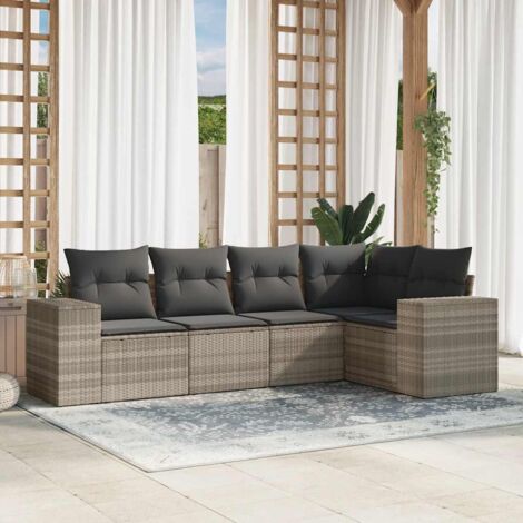 Ensemble de salon de jardin 5 pièces en résine tressée gris clair avec coussins et rangement