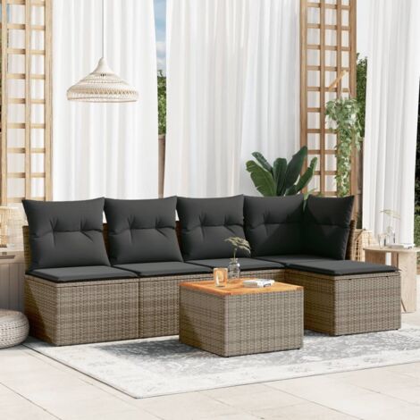 Ensemble de salon de jardin 5 pièces en résine tressée noire avec table bois acacia et coussins lavables, meuble d'extérieur patio