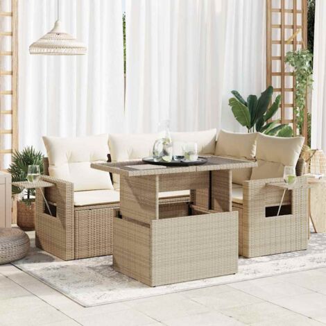 Ensemble de salon de jardin 5 pièces rotin synthétique beige avec coussins, table réglable, rangement et pieds ajustables