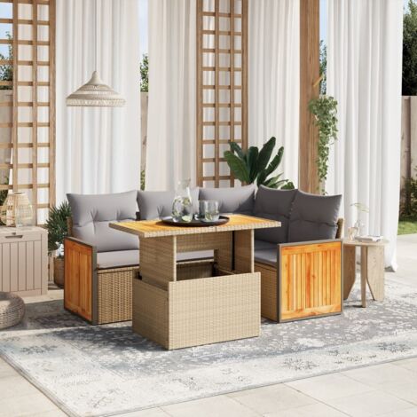 Ensemble de salon de jardin 5 places en résine tressée beige avec coussins déhoussables, table extensible