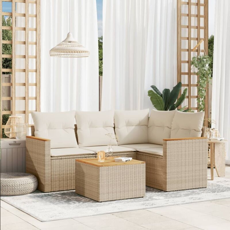 Ensemble de salon de jardin 5 places en résine tressée beige avec table en acacia et coffre rangement intégré, modèle modulaire 4 sièges + 5 coussins