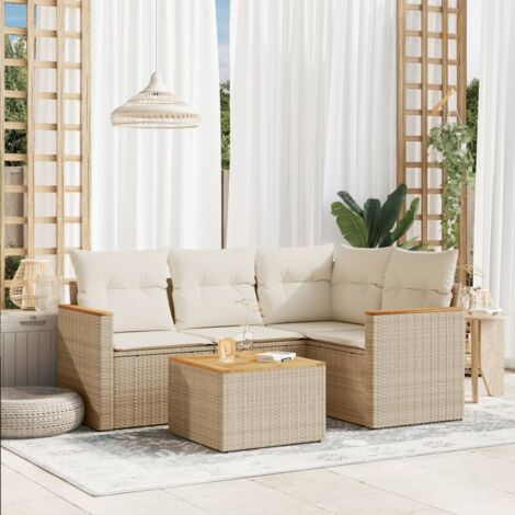 Ensemble de salon de jardin 5 places en résine tressée beige avec table en acacia et coffre rangement intégré, modèle modulaire 4 sièges + 5 coussins lavables