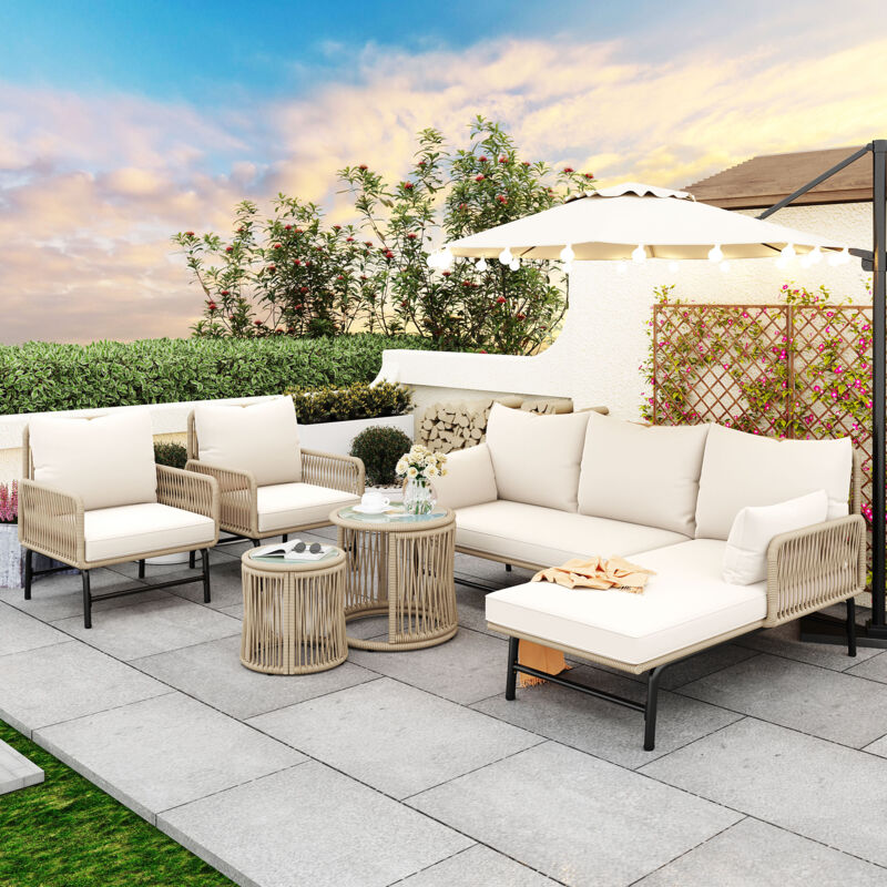 Ensemble de salon de jardin 6 pièces, avec rembourré, 2 fauteuils + 2 canapés + 2 tables, canape jardin, fer, beige