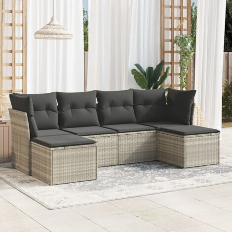 Ensemble de Salon de Jardin 6 Pièces en Résine Tressée Gris Clair avec Coussins