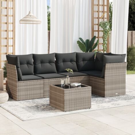 Ensemble de salon de jardin 6 pièces en résine tressée gris clair avec coussins, verre trempé et rangement intégré
