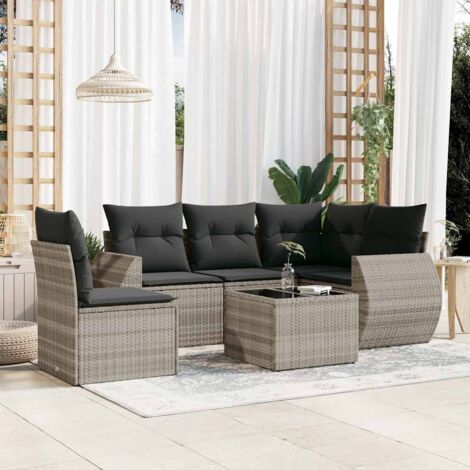 Ensemble de salon de jardin 6 pièces en résine tressée gris clair avec table en verre trempé et coussins amovibles