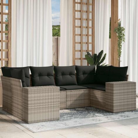 Ensemble de salon de jardin 6 places en résine tressée gris clair avec coussins amovibles et lavables, modulable pour terrasse ou patio.