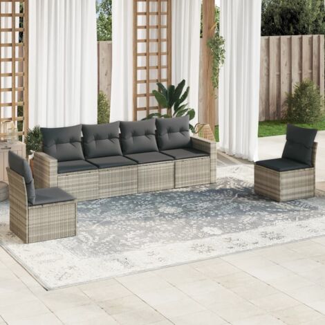 Ensemble de salon de jardin 6 places en résine tressée gris clair avec coussins amovibles, modulaire