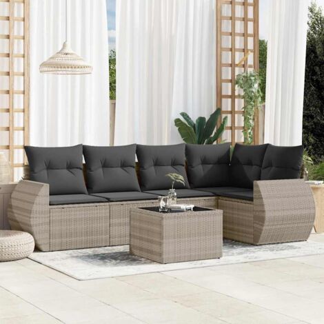 Ensemble de Salon de Jardin 6 Places en Résine Tressée Gris Clair avec Coussins Anthracite - Table en Verre Trempé - Modulaire