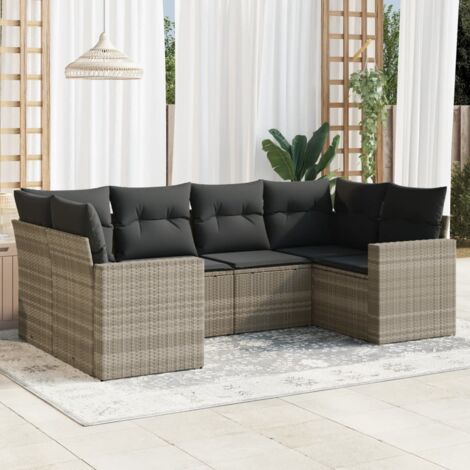 Ensemble de salon de jardin 6 places en résine tressée gris clair avec coussins et rangement