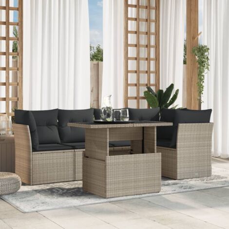 Ensemble de salon de jardin 6 places en résine tressée gris clair avec coussins, table réglable et modules flexibles pour terrasse