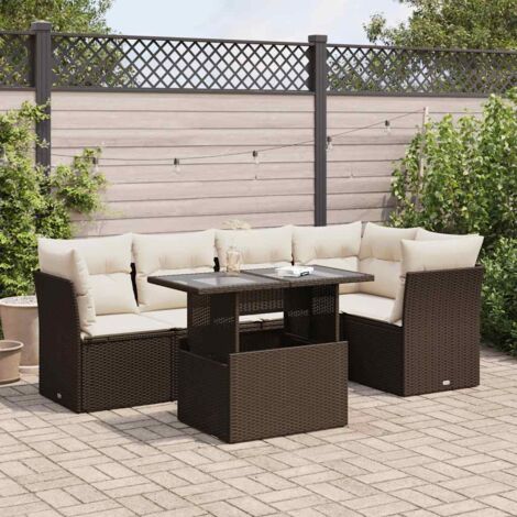 Ensemble de salon de jardin 6 places en résine tressée marron avec 5 coussins de siège et 8 coussins dossier, fonction rangement et table extensible