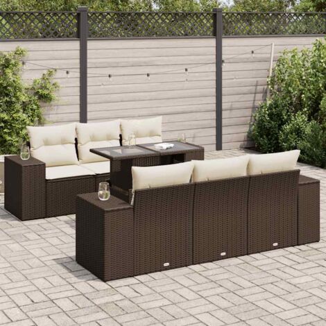 Ensemble de Salon de Jardin 7 Pièces avec Coussins en Résine Tressée Marron - Table Réglable et Coffre de Rangement Intégré