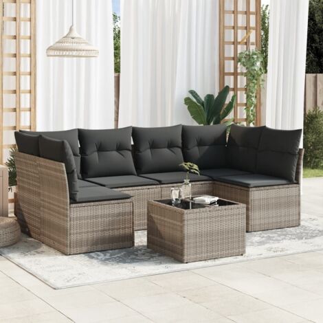 Ensemble de Salon de Jardin 7 Pièces en Résine Tressée Gris Clair avec Coussins et Table en Verre Trempé