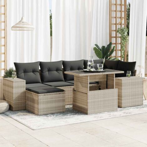 Ensemble de salon de jardin 7 pièces en résine tressée gris clair avec coussins, table extensible et rangement