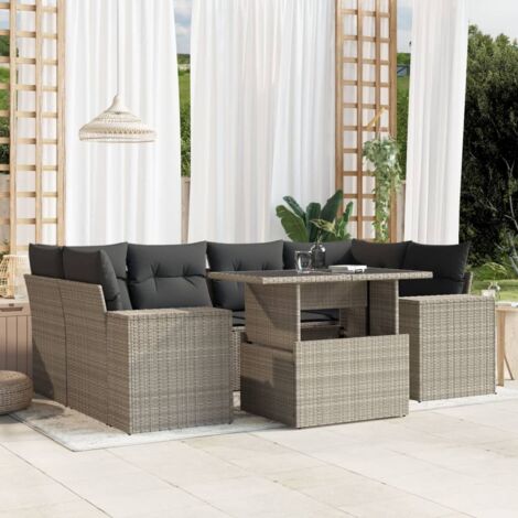 Ensemble de Salon de Jardin 7 pièces Résine Tressée Gris Clair avec Coussins Amovibles et Table Réglable