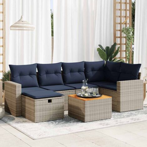 Ensemble de salon de jardin 7 places en résine tressée gris avec coussins marins, table et coffre de rangement