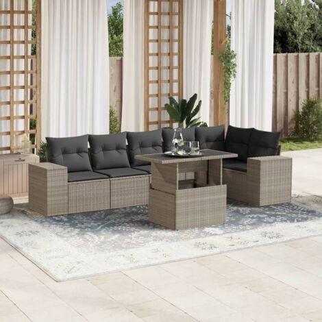Ensemble de salon de jardin 7 places en résine tressée gris clair avec coussins, table extensible et structure modulaire