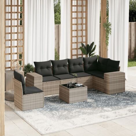 Ensemble de salon de jardin 7 places en résine tressée gris clair avec table en verre et coussins gris foncé