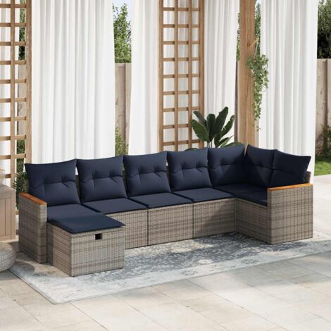 Ensemble de salon de jardin 7 places en résine tressée grise avec coussins bleu marine et rangement - Canapés, fauteuils et pouf modulables