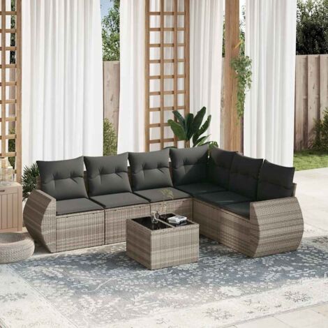 Ensemble de salon de jardin 7 places - Résine tressée gris clair avec coussins Anthracite - Table verre trempé - Modulaire