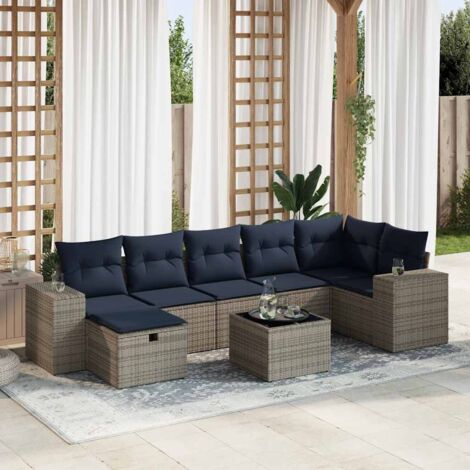 Ensemble de Salon de Jardin 8 Pièces en Résine Tressée Gris avec Coussins, Stockage, Table et Pouf