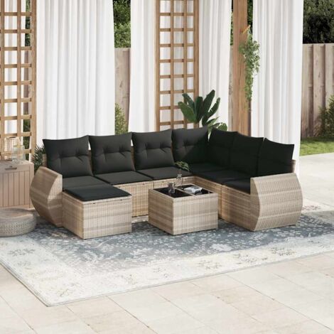 Ensemble de Salon de Jardin 8 Pièces en Résine Tressée Gris Clair avec Coussins et Table en Verre Trempé