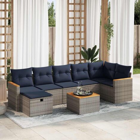 Ensemble de salon de jardin 8 pièces en résine tressée grise avec table en bois d'acacia, coussins amovibles bleu marine et rangement