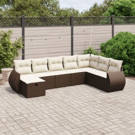 Ensemble de salon de jardin 8 pièces en résine tressée marron avec coussins assortis, canapé modulaire confortable pour terrasse et patio.