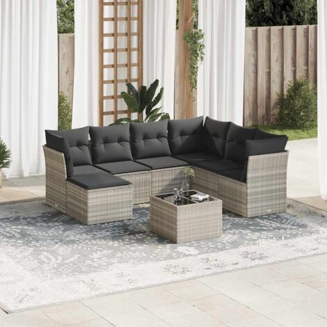 Ensemble de salon de jardin 8 places en résine tressée gris clair avec coussins, 3 sièges centraux, 3 sièges d'angle, table en verre et repose-pieds