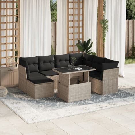 Ensemble de salon de jardin 8 places en résine tressée gris clair avec coussins lavables, table réglable et repose-pieds