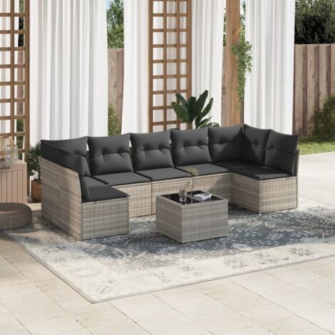 Ensemble de salon de jardin 8 places en résine tressée gris clair avec table en verre, coffres de rangement et coussins lavables