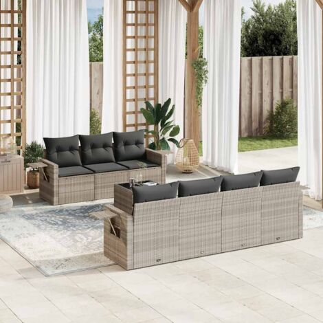 Ensemble de salon de jardin 8 places en résine tressée gris clair avec table en verre trempé et coussins gris foncé amovibles