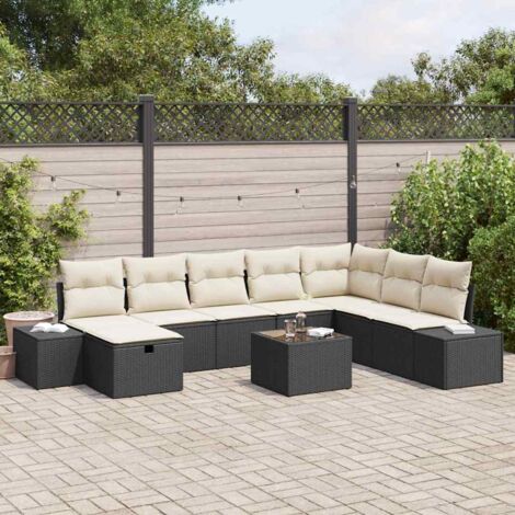 Ensemble de salon de jardin 9 pièces en polyrotin noir avec coussins et table basse